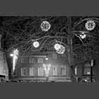 black and white photo of Christmas lighhts at St Neots market square