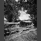 black and white photo of broken fence near Little Gransden