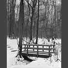 black and white photo of snow-covered footbridge connecting Gransden and Waresley Woods