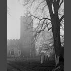 black and white photo of St Bartholomew's Church Great Gransden in fog