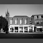 black and white photo of Barclays Bank and United Reformed Church St Neots