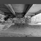 black and white photo of Skate park under the A428 road bridge in St Neots
